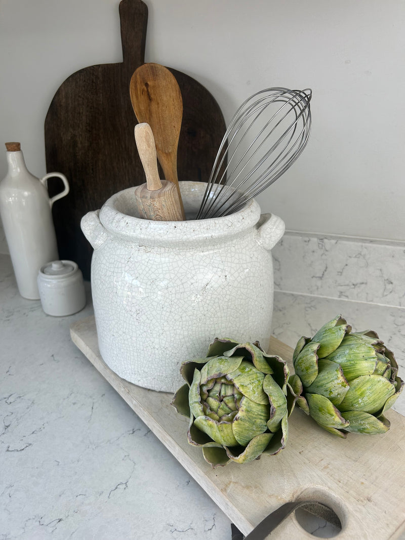 Ravello large chunky crackle glaze pot with handles off white utensils