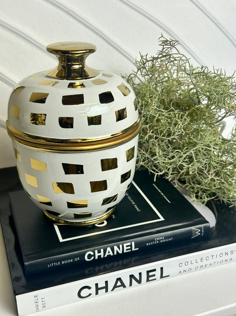 Gold white ceramic print lidded jar small