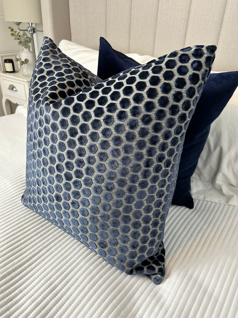 Navy Blue Jorvik Hexagon Velvet luxury Cushion Two Sizes