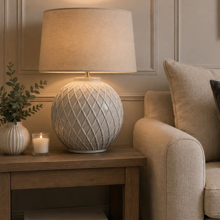 Lattice textured ceramic lamp with linen shade