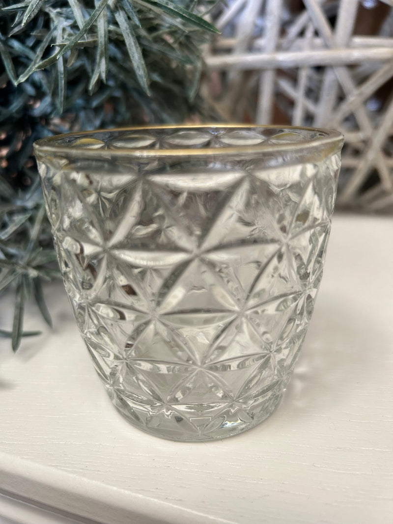 Gold rim glass candle holders mixed