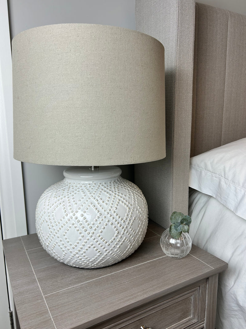 Squat beaded bobble ceramic lamp with shade