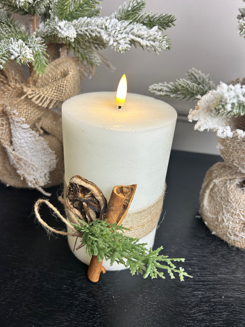 Large LED foliage hessian candle cream 10cm