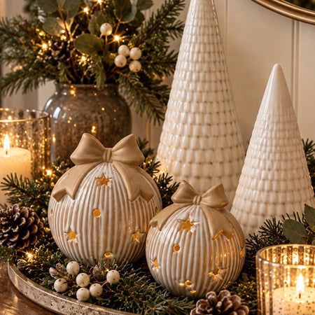 Two Tone Light up Ceramic Bauble With Bow, 2 Sizes