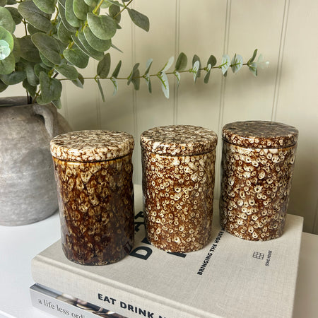 Reactive brown mottled print lidded canisters jars