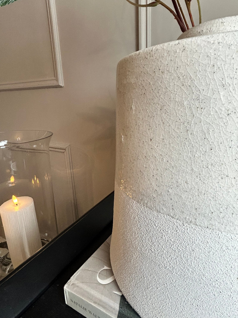 White cream textured two tone large ceramic shaped vase