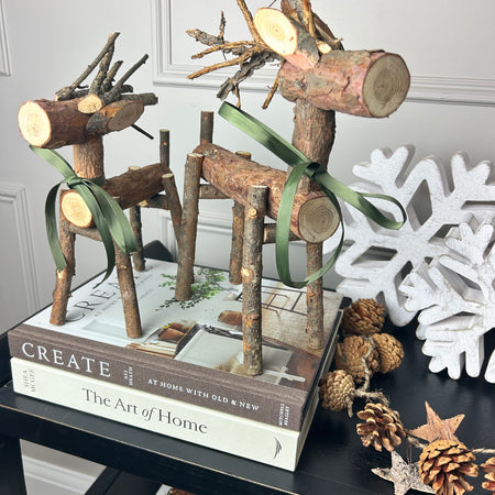 Bark wooden rudolf reindeer two sizes