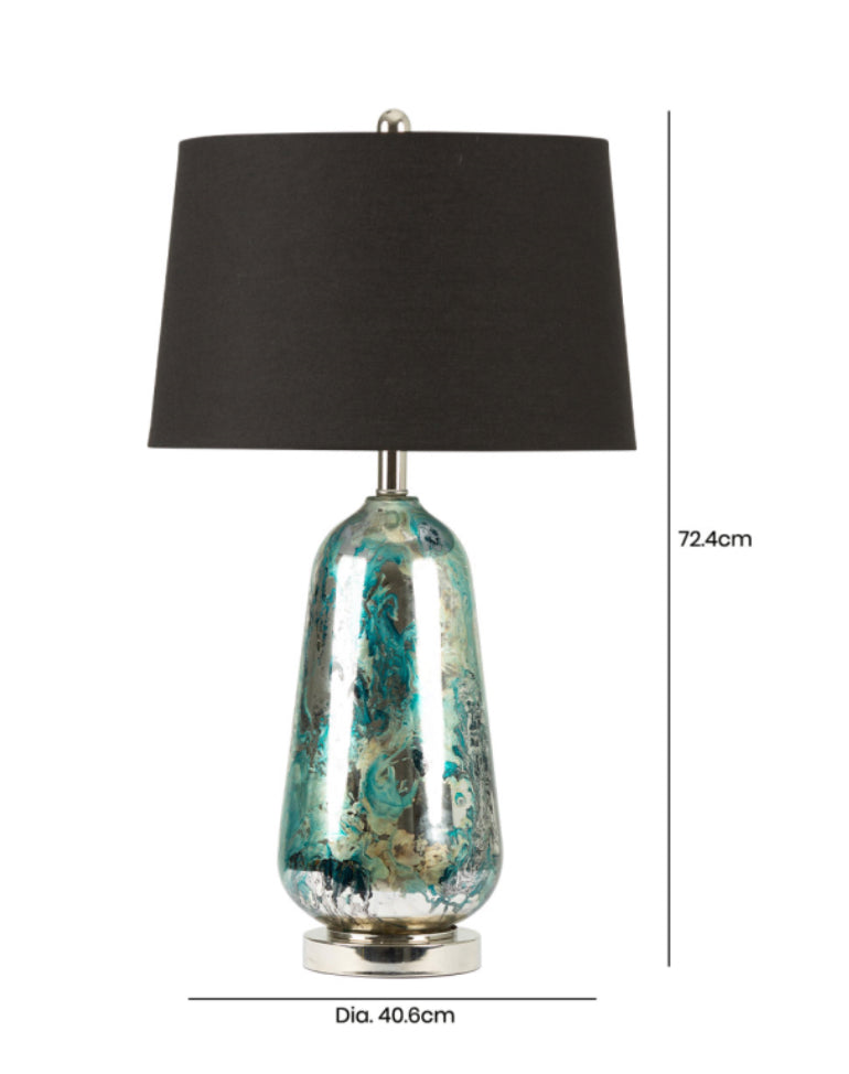 Blue and silver abstract peacock glass lamp with black shade