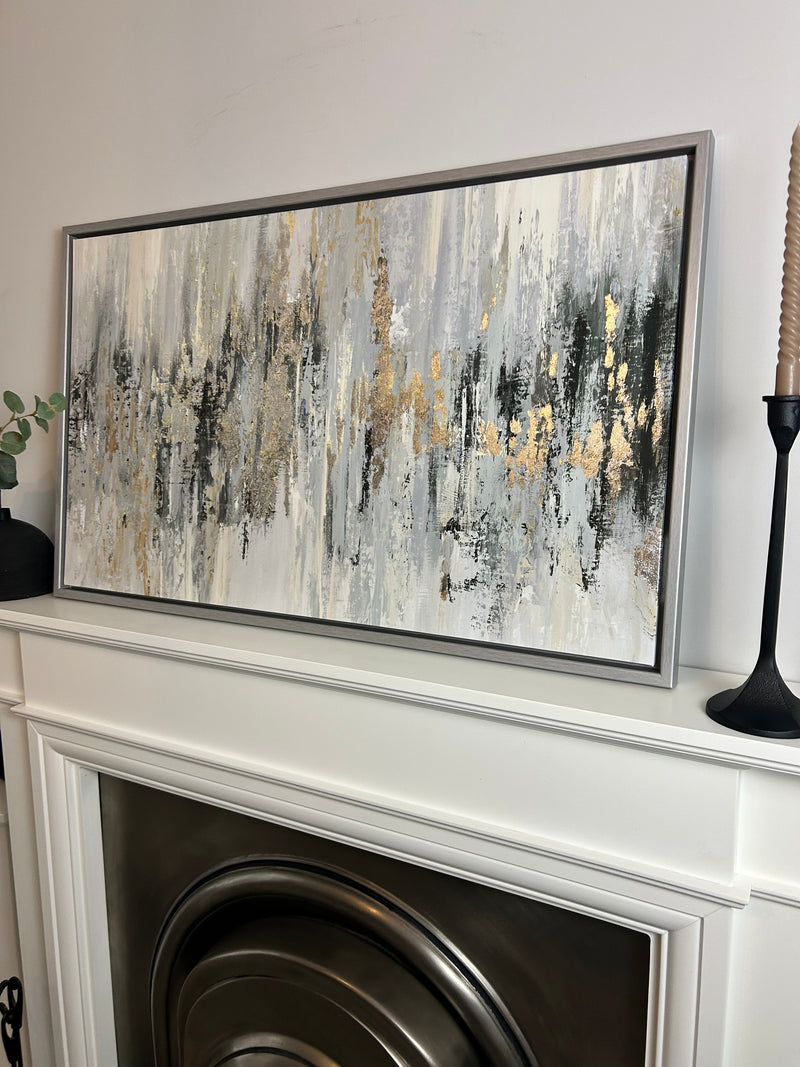 Dripping silver abstract framed canvas by Tom Reeves 60x96