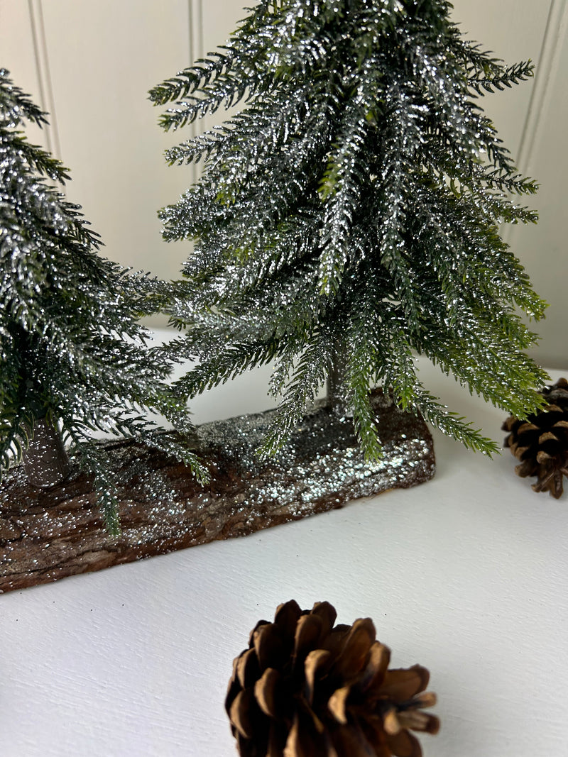 Double Frosted Tree On Wood Base 28cm