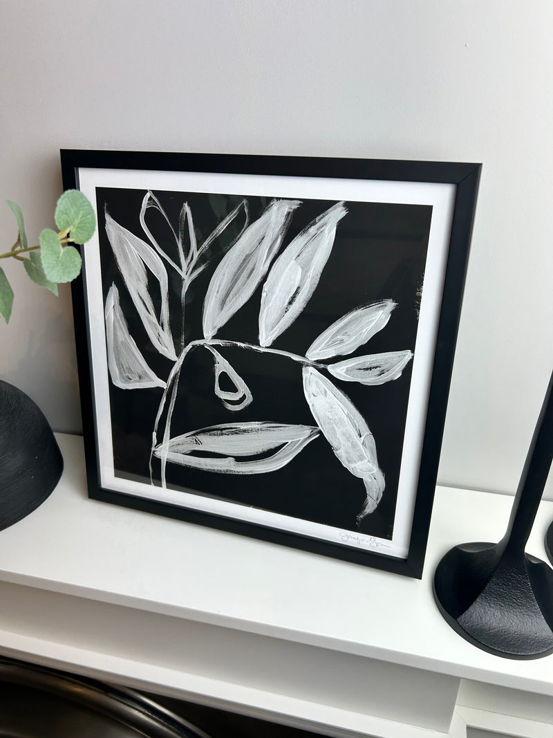 Quirky leaves monochrome framed art by Jennifer Goldberger