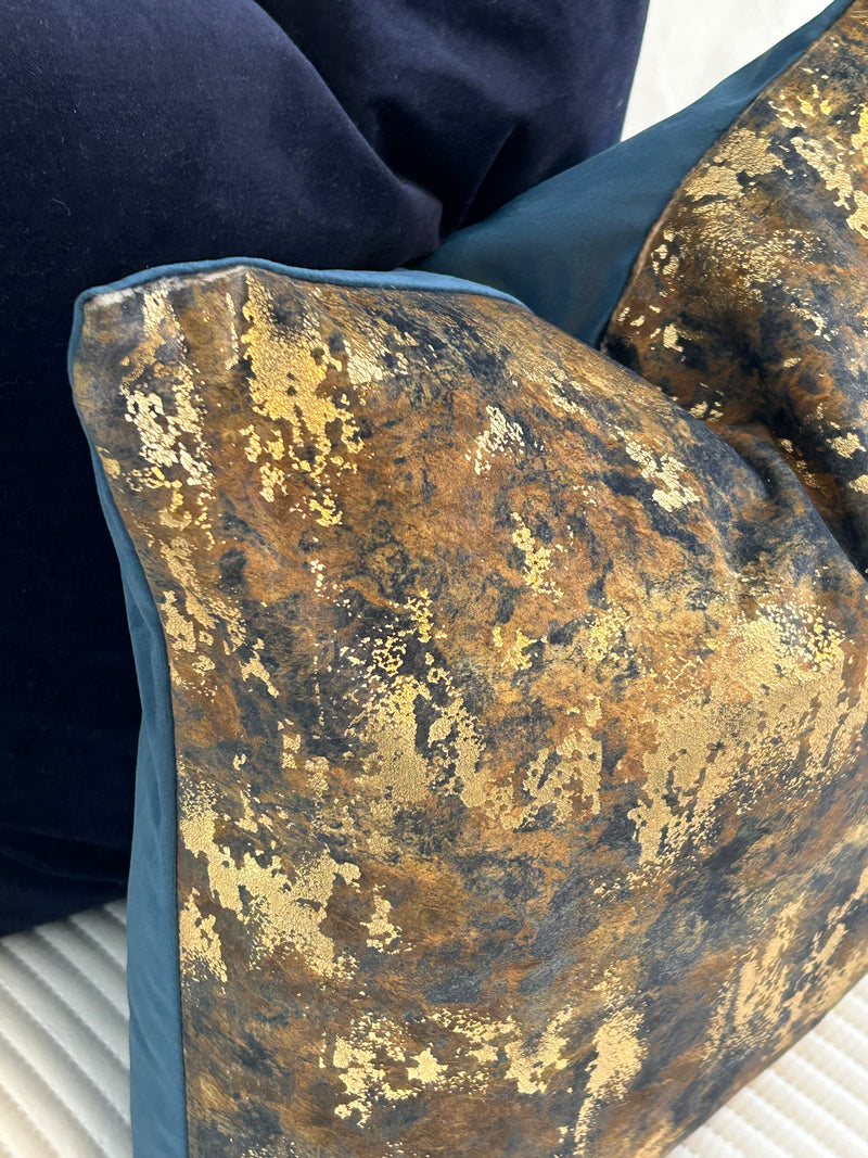 Brazen Blue gold bronze metallic textured luxury feather filled cushion