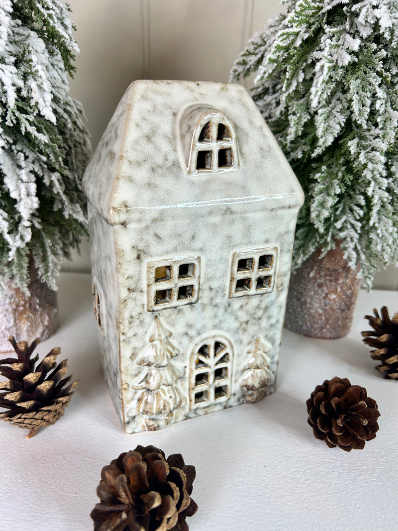 Neutral Two Tone reactive glaze LED light up Ceramic House