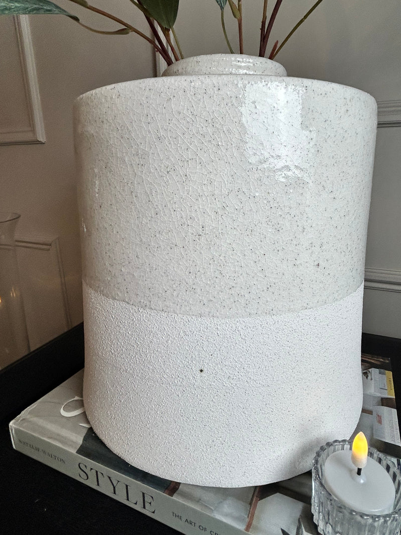 White cream textured two tone large ceramic shaped vase