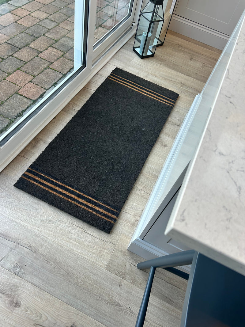 Extra large charcoal triple stripe coir doormat mat rug 125x55cm