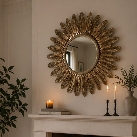 Gold feather textured metal mirror  78cm
