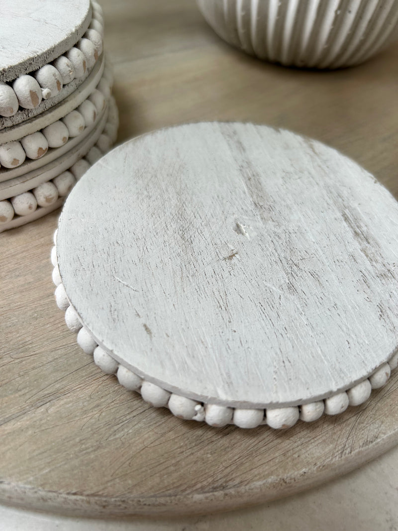 Beaded mango wood white coasters set of 4