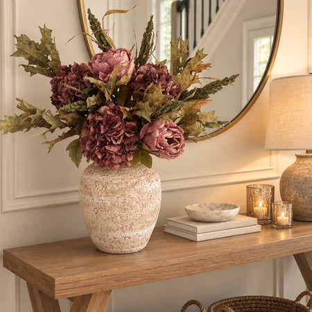 Premium dried look Ruffled mocha hydrangeas peony eucalyptus and wheat grass