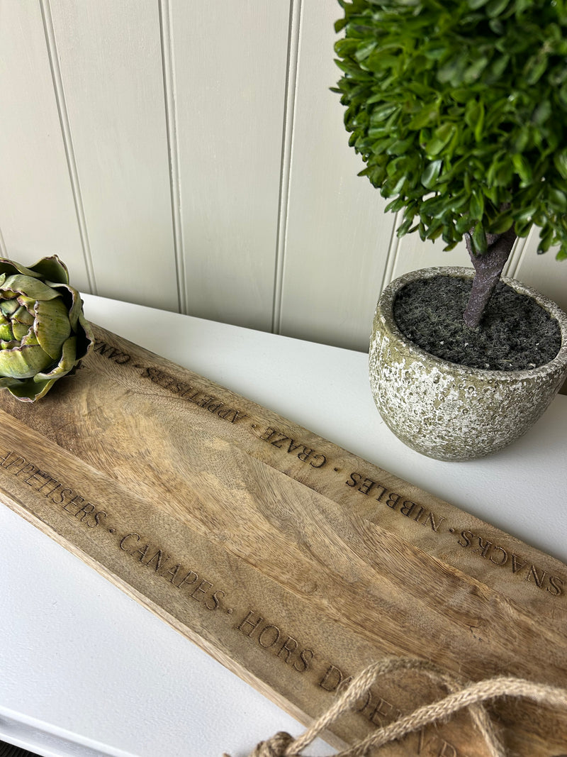 Mango wood etched canopy grazing board large 70x18