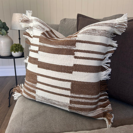 Earth brown cream stripe textured cushion with tassel edge 45cm