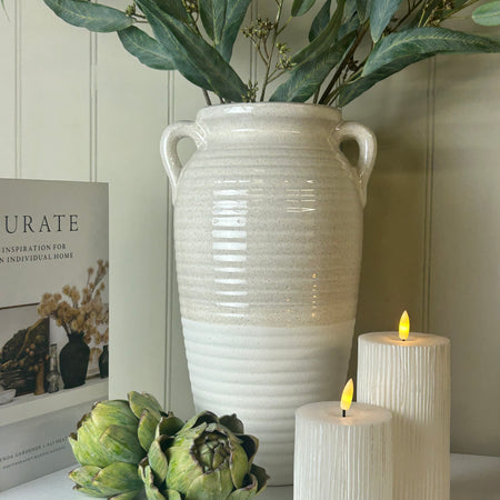 Two tone cream and white ribbed tall vase