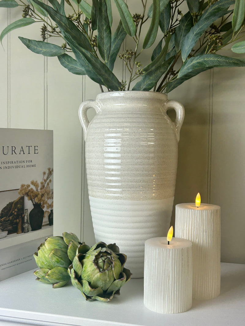 Two tone cream and white ribbed tall vase