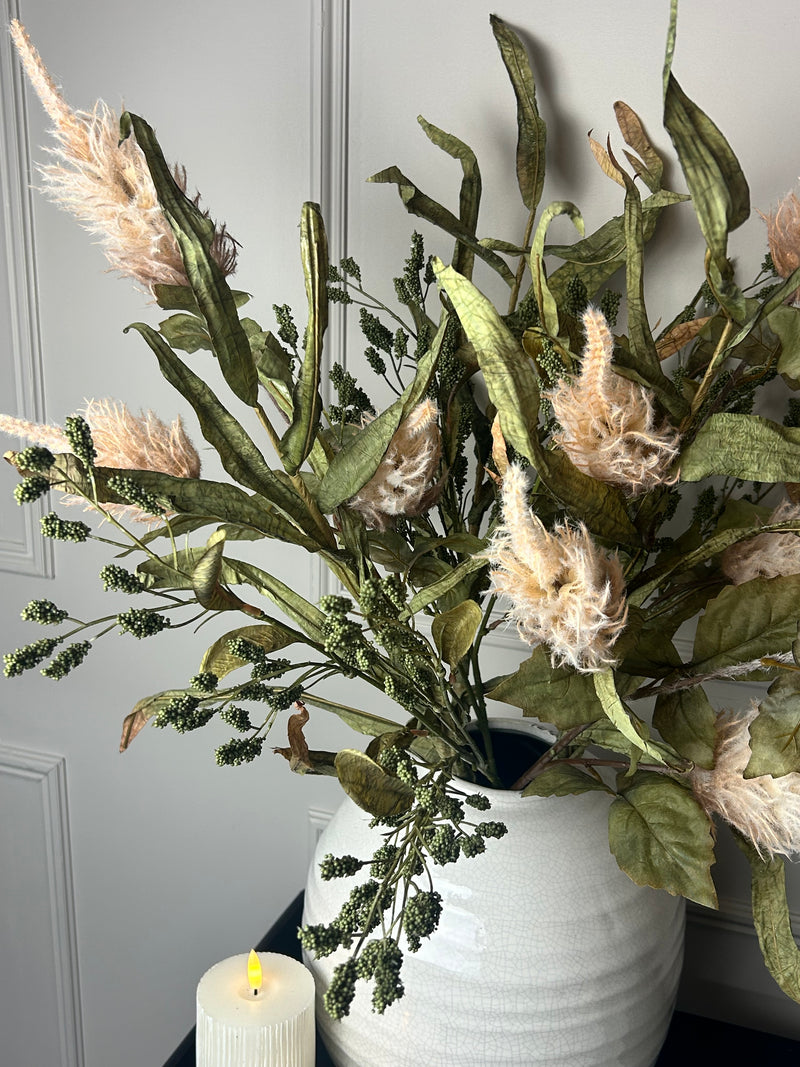 Green tall reed, green sorghum grass and mocha oyster alexis stem arrangement