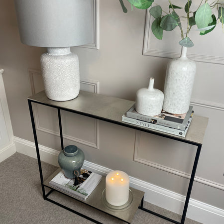 Black Metal Frame and Nickel Topped Shelved Console