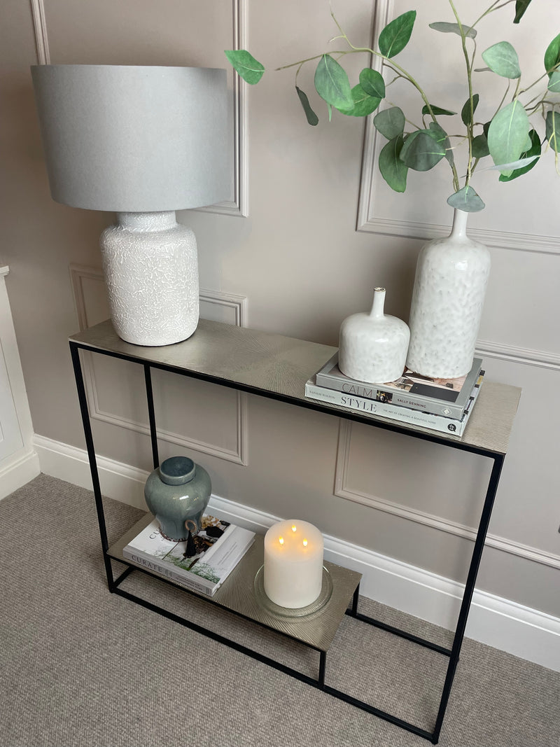 Black Metal Frame and Nickel Topped Shelved Console