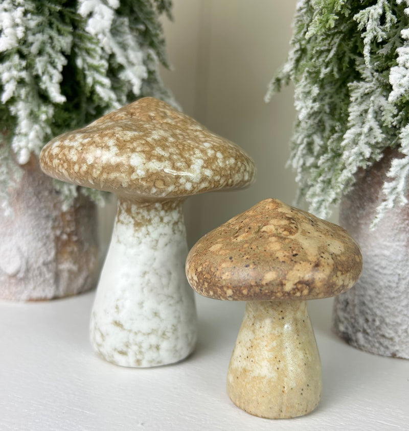 Natural stoneware ceramic mushroom toadstool brown cream 2 sixes