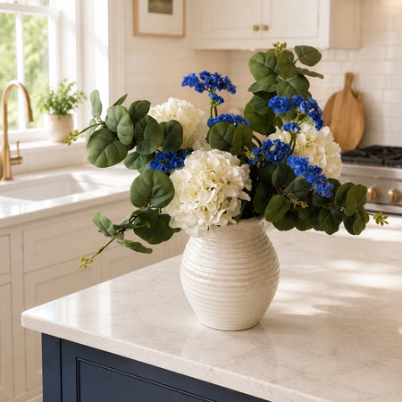 Arrangement 1 eucalyptus white hydrangeas blue statice
