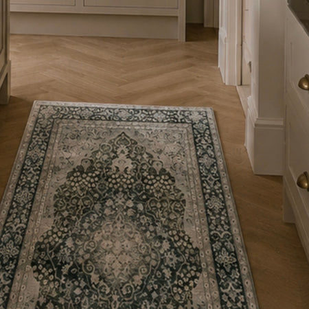 Oakham Traditional blue green Grey Washable Runner mat rug Available in 3 Sizes