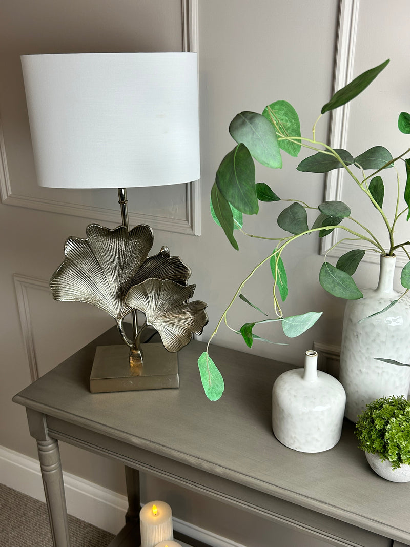 Gingko champagne leaf petal metal lamp with white oval shade