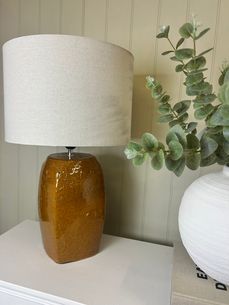 Russet rust chunky ceramic lamp with linen white shade
