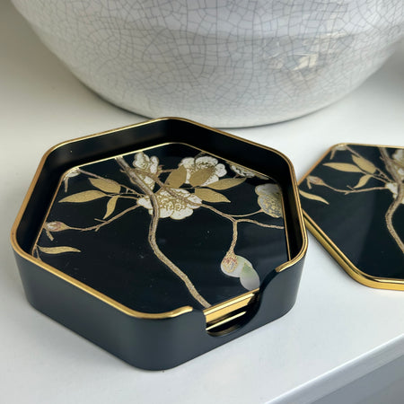 Set of 4 floral hexagonal coasters in holder