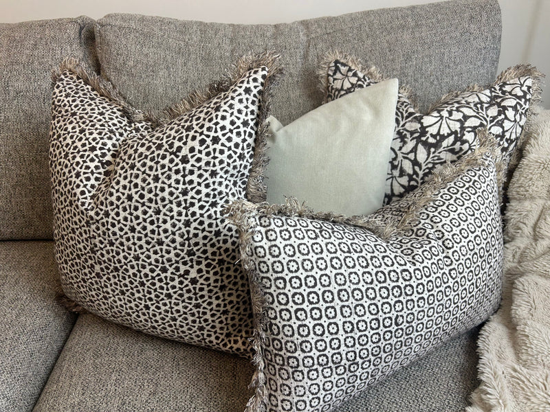Brown print mocha stone cream print tassel edge cushion