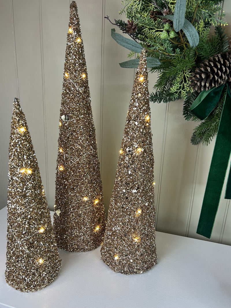 Set of 3 gold LED lit glitter trees
