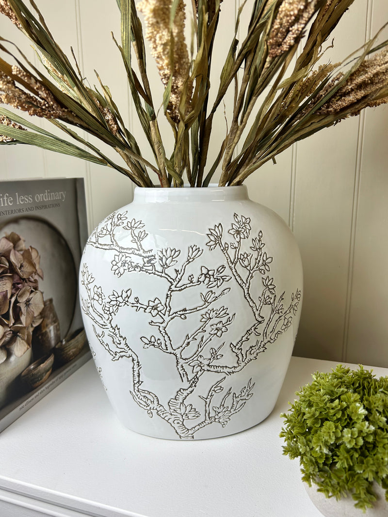 Ceramic white vase with blossom print brown