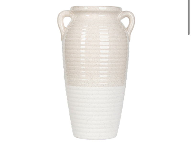 Two tone cream and white ribbed tall vase