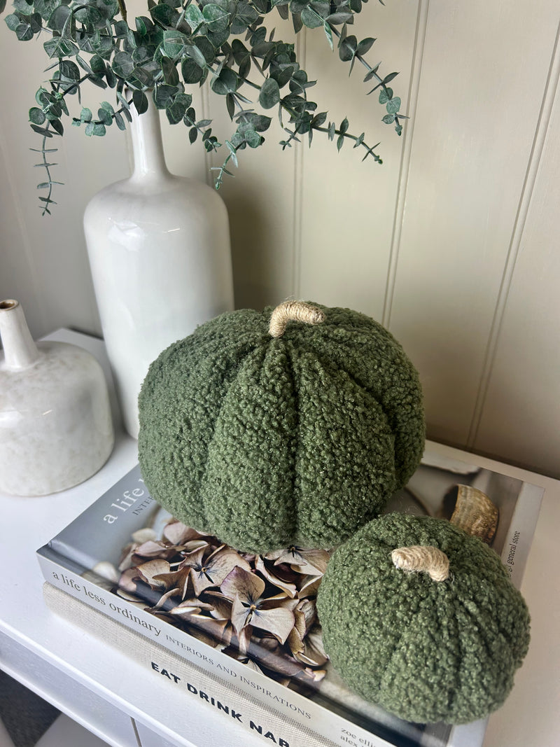Set of two Boucle green autumn Halloween pumpkins 16cm and 11cm
