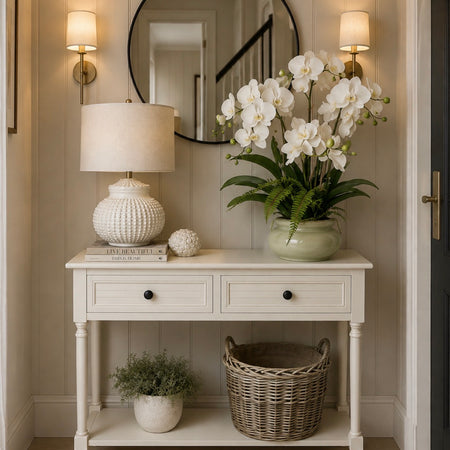 Pearl white elise 2 drawer slatted console table
