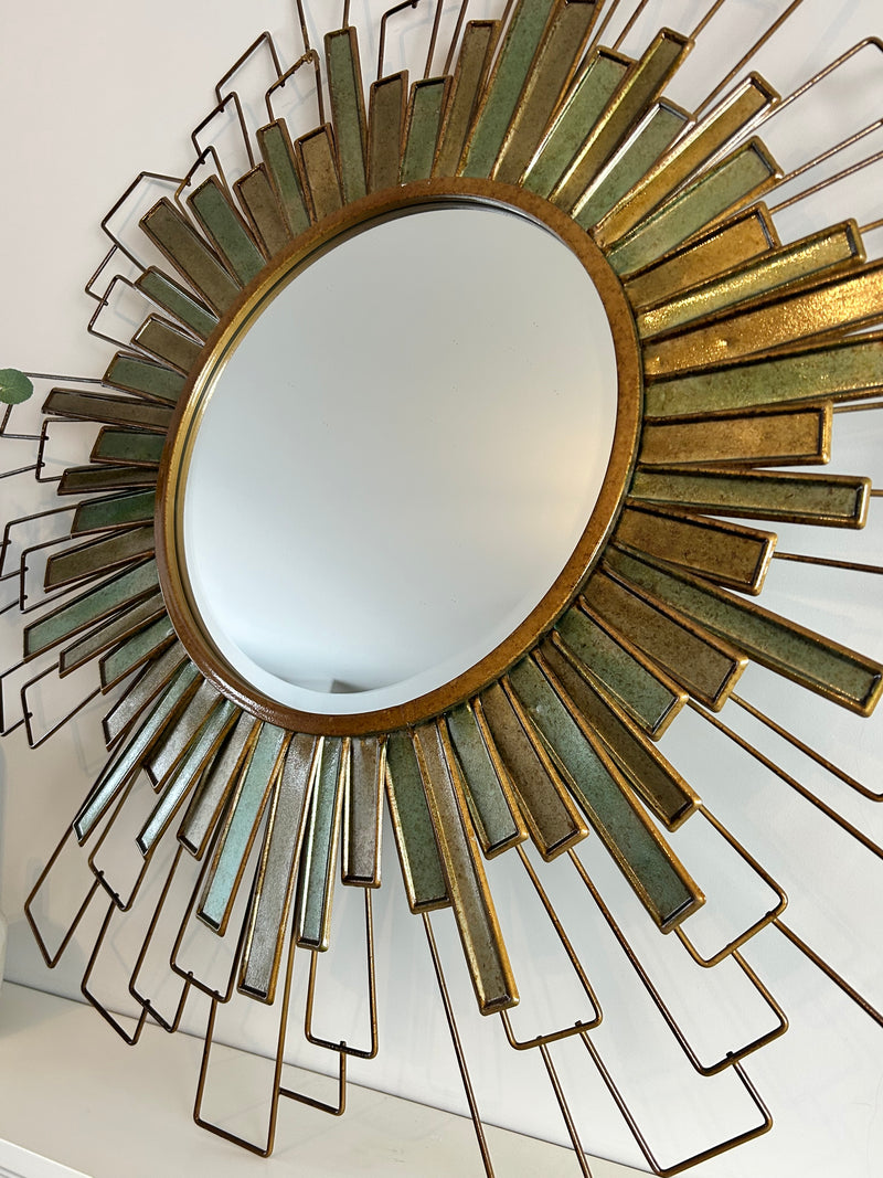 Starburst geo Metal and Green Pattern Mirror 90cm