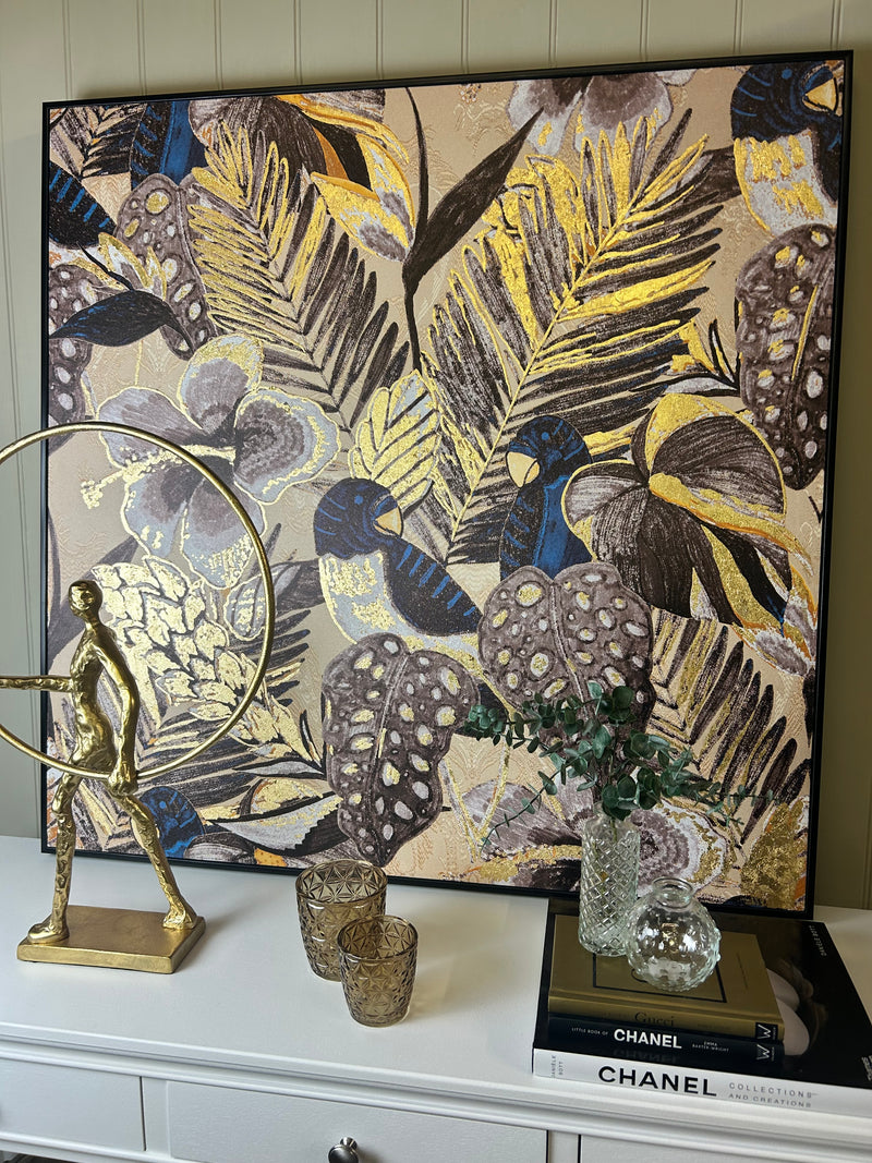 Framed Blue Grey Black bird tropical Nature Canvas picture art