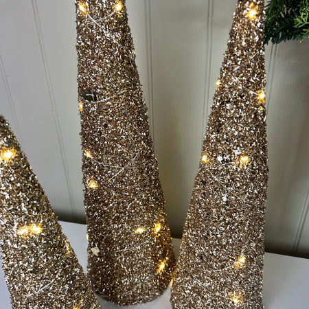 Set of 3 gold LED lit glitter trees