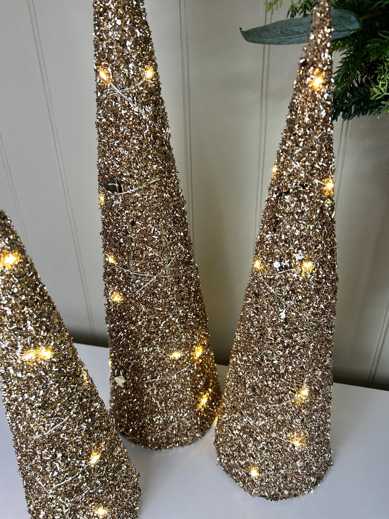 Set of 3 gold LED lit glitter trees