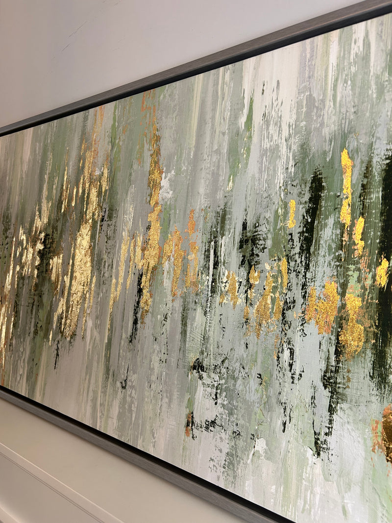 Dripping moss green and gold by Tom Reeves abstract framed canvas 60x96cm