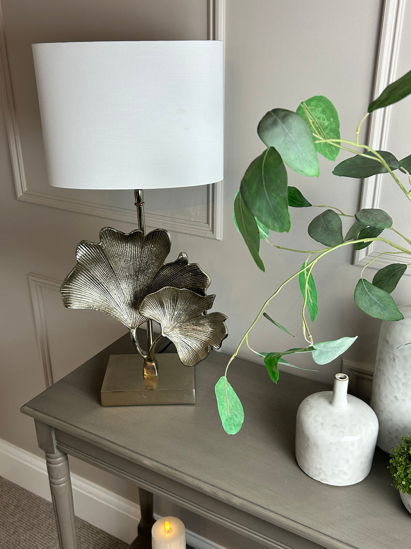 Gingko champagne leaf petal metal lamp with white oval shade