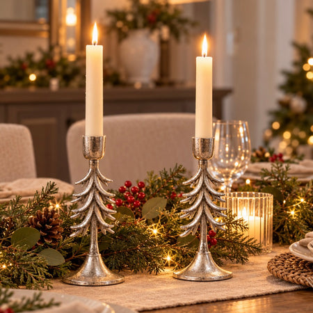 Pair of silver metal tree candle holders 23cm tall