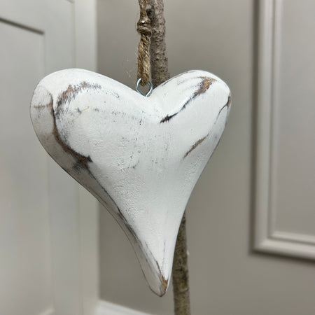 Solid mango wood white hanging heart