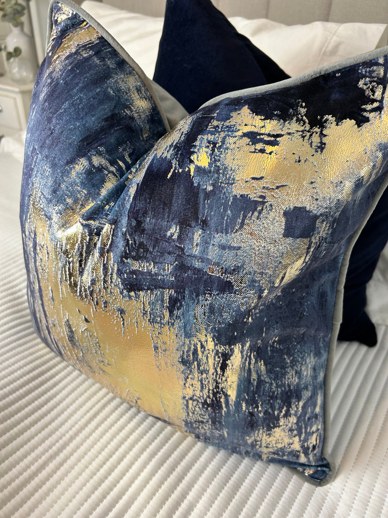 Idyllic abstract navy blue and gold grey luxury cushion